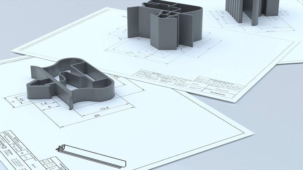 Grafika przedstawia różne modele uszczelek wykonanych z PCV i ich rysunki techniczne