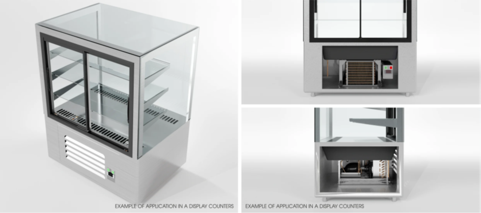 Exemple d'application d'un monobloc dans une vitrine réfrigérée