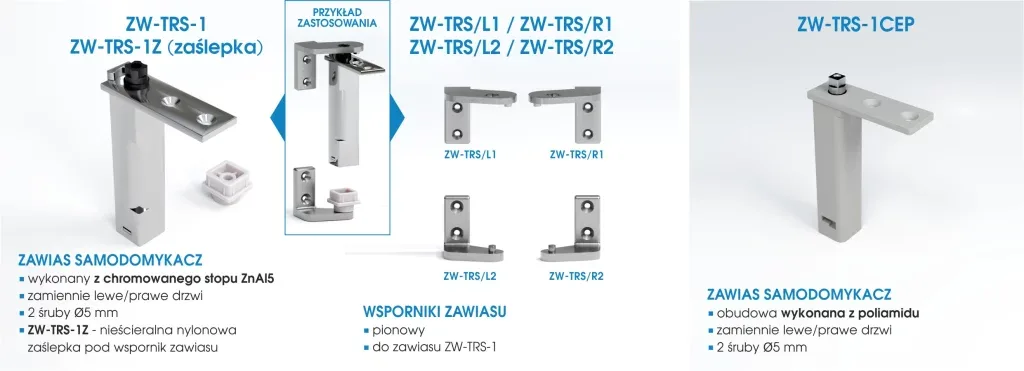 Zawiasy samodomykające, do przykręcania, wspawania, listwowe i do szkła