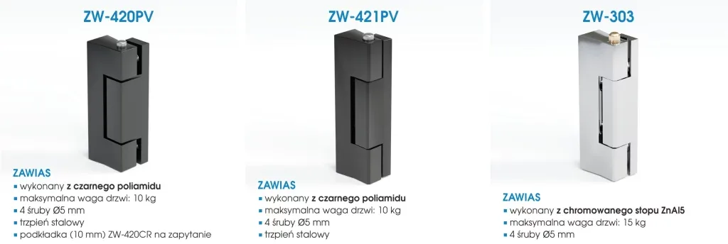 Zawiasy samodomykające, do przykręcania, wspawania, listwowe i do szkła