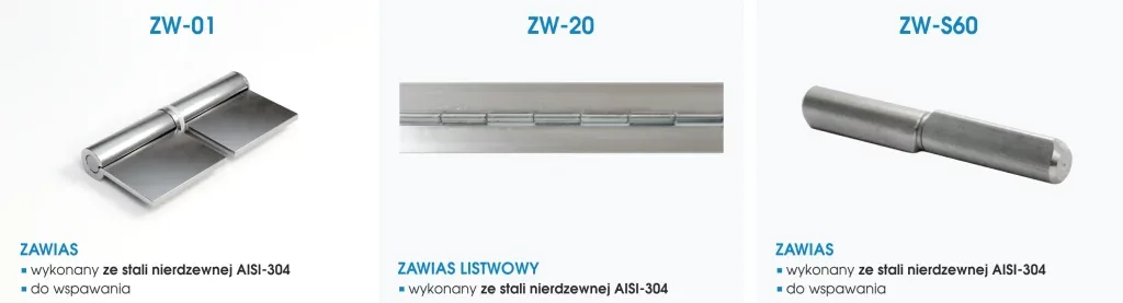 Zawiasy samodomykające, do przykręcania, wspawania, listwowe i do szkła