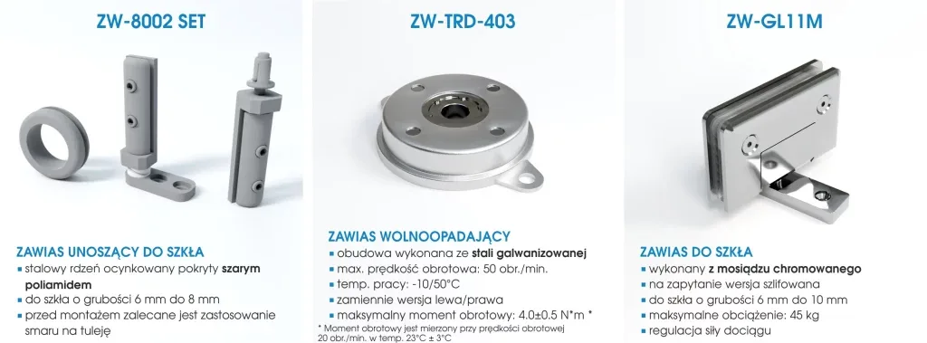 Zawiasy samodomykające, do przykręcania, wspawania, listwowe i do szkła