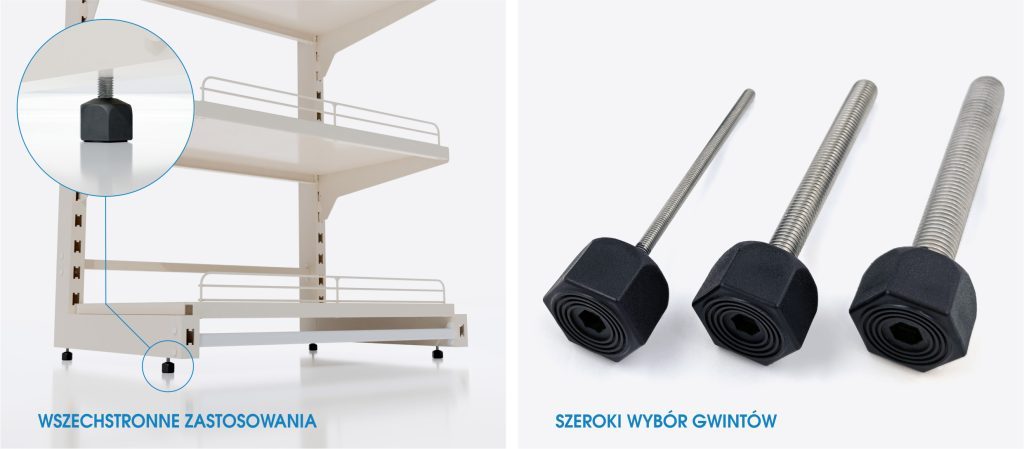 Grafika przedstawiająca dwa obrazki: zastosowanie stóp z gwintem oraz różne modele stopy z gwintem