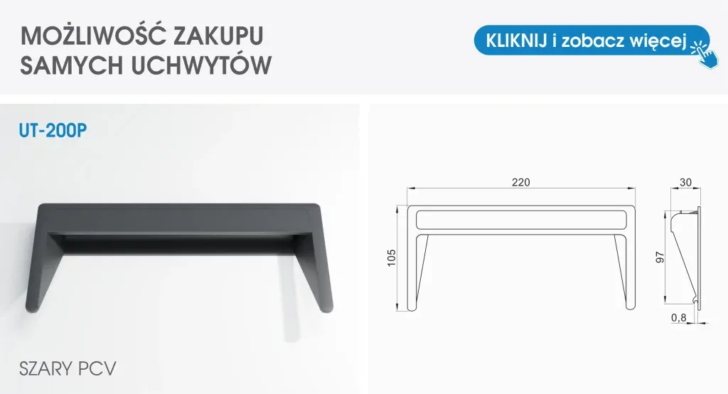 Visuel de la poignée UT-200P accompagné de son dessin technique.
