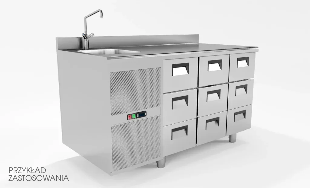 Visuel présentant l'utilisation des portes isolées dans une table réfrigérée.