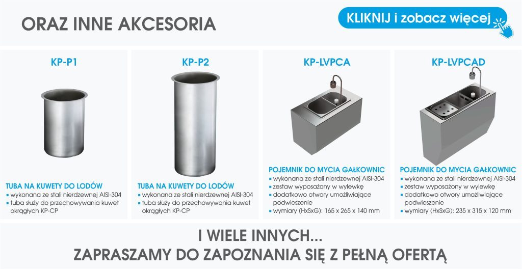 Grafika przedstawiająca różne akcesoria do kuwet do lodów.