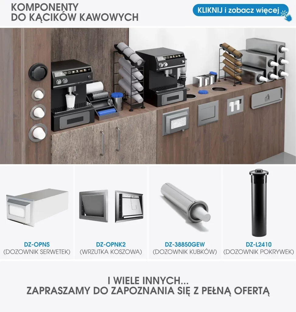 L'illustration présente le visuel d'un coin café complet, suivi d'exemples concrets de produits qui trouveront leur place dans de nombreux établissements du secteur HoReCa.