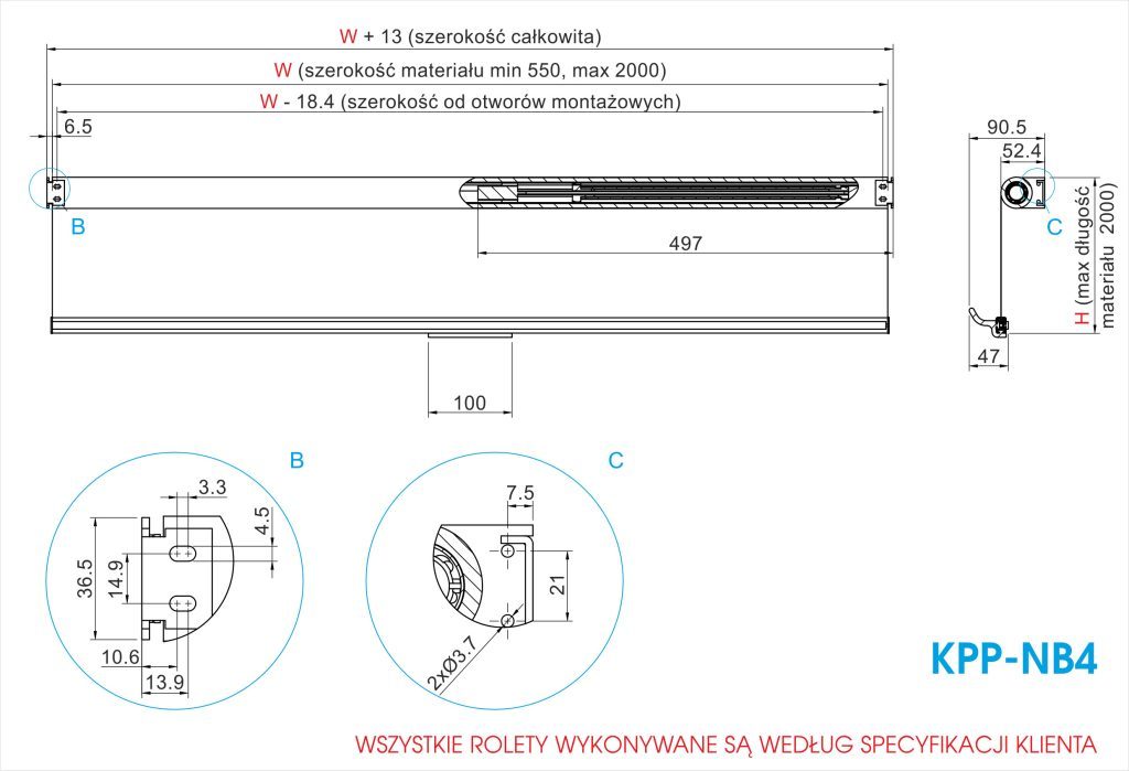 Rysunek techniczny rolety KPP-NB4.