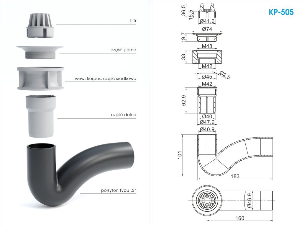 Odpływ z półsyfonem KP-505 - rysunek techniczny.