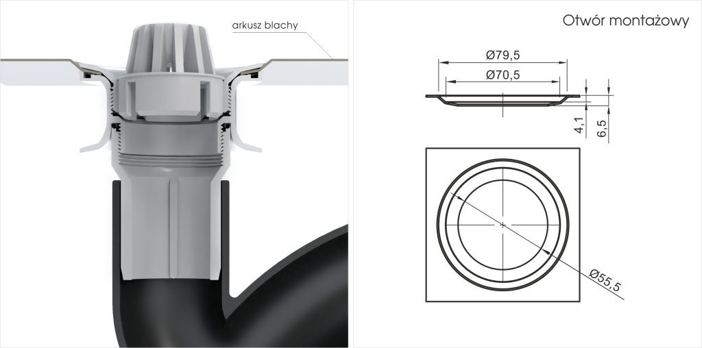 Grafika przedstawia zbliżenie na odpływ z półsyfonem KP-505 oraz rysunek techniczny otworu montażowego.