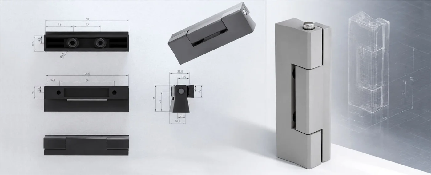 Dimensioned views of an AiFO hinge next to a 3D model and a wireframe