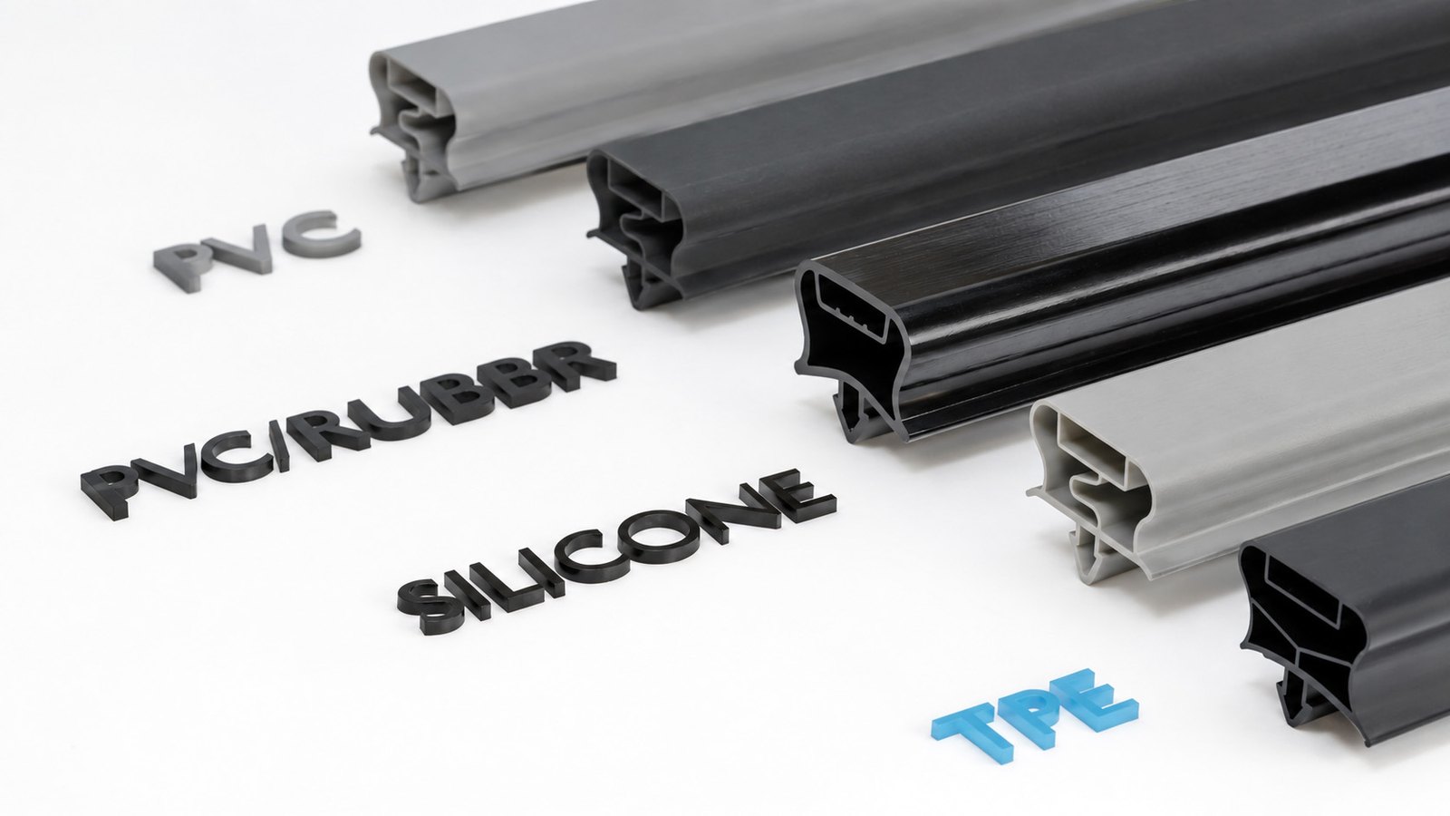 Gasket profiles in four materials: PVC, PVC with rubber, silicone and TPE – the choice follows the working temperature and the requirements of the cabinet.