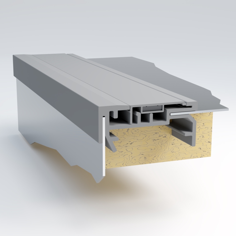 PU-K profile with cover and magnetic insert seat, fitted in the leaf of an insulated door – a section through the edge together with the insulation layer.