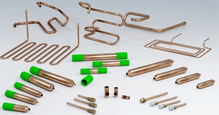 Kupfer für die Kältetechnik - Komponenten, z. B.: Kupferrohre, Kondensatableiter, Verbindungsstücke, Serviceventile