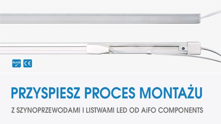 Grafika przedstawiająca szynoprzewody i listwy LED, poniżej na grafice hasło "Przyspiesz proces montażu z szynoprzewodami i listwami LED od AiFO Components"