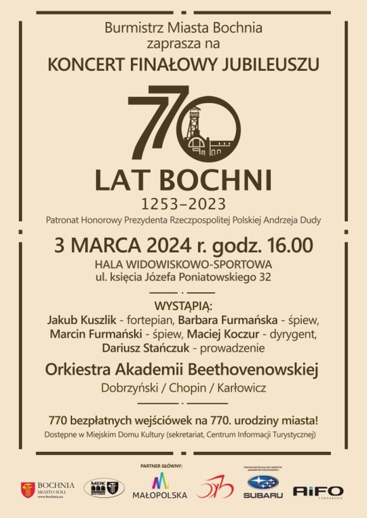Plakat promujący koncert z okazji 770 lecia lokacji miasta Bochnia