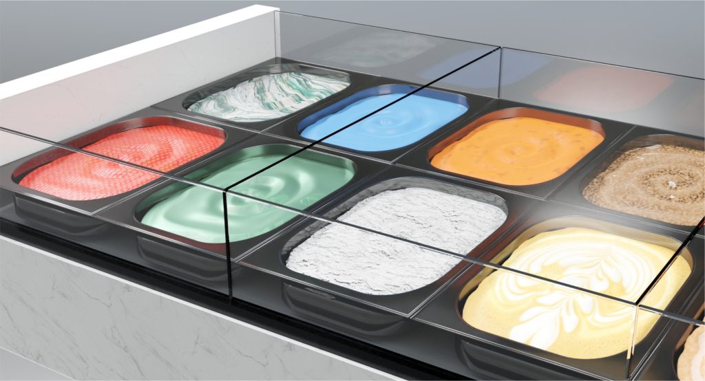 Grafika przedstawiająca zastosowanie kuwet do lodów w urządzeniu chłodniczym
